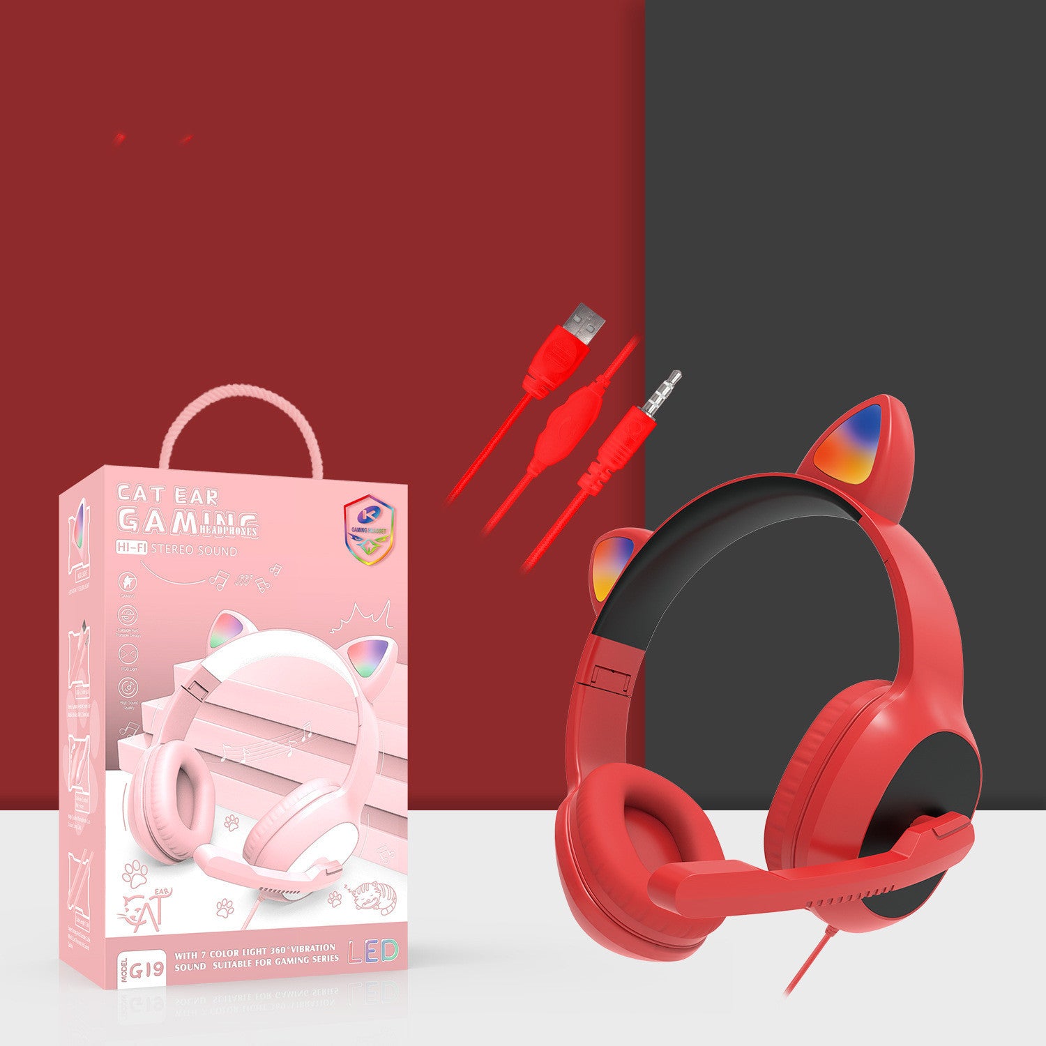 Wired Gaming Headphones G19 - Pink, Red, Black, Light Blue