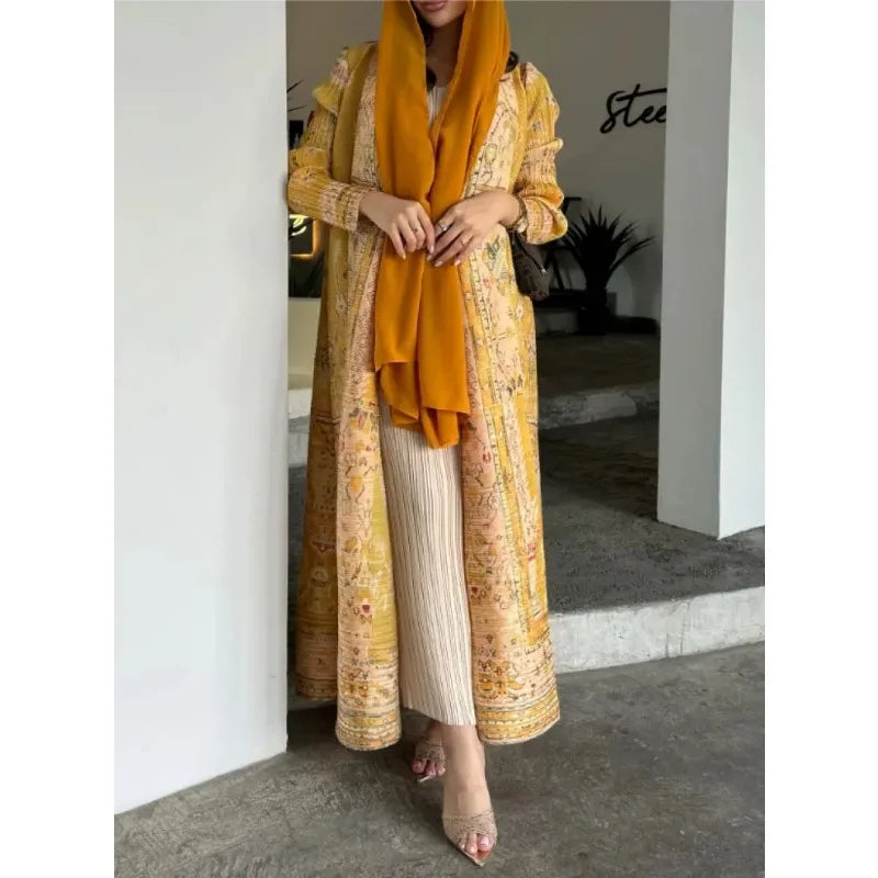 Women's Pleated Chic Middle East Abaya Printed Shawl Cardigan