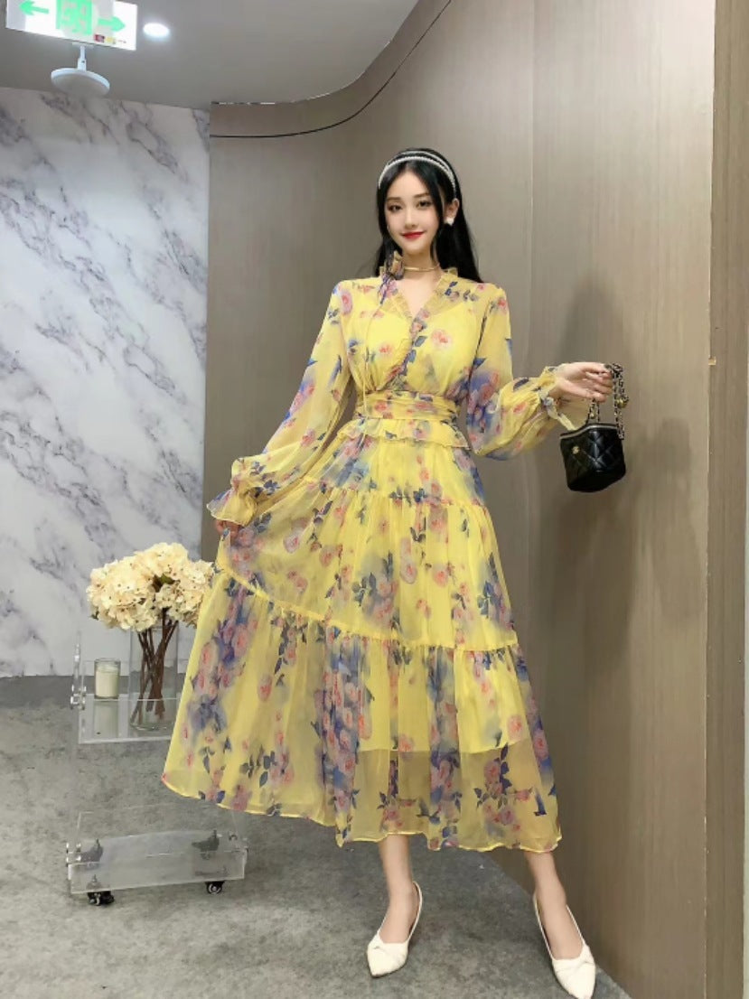 French Waist Slimming Floral Dress High Waist Free Size Polyester