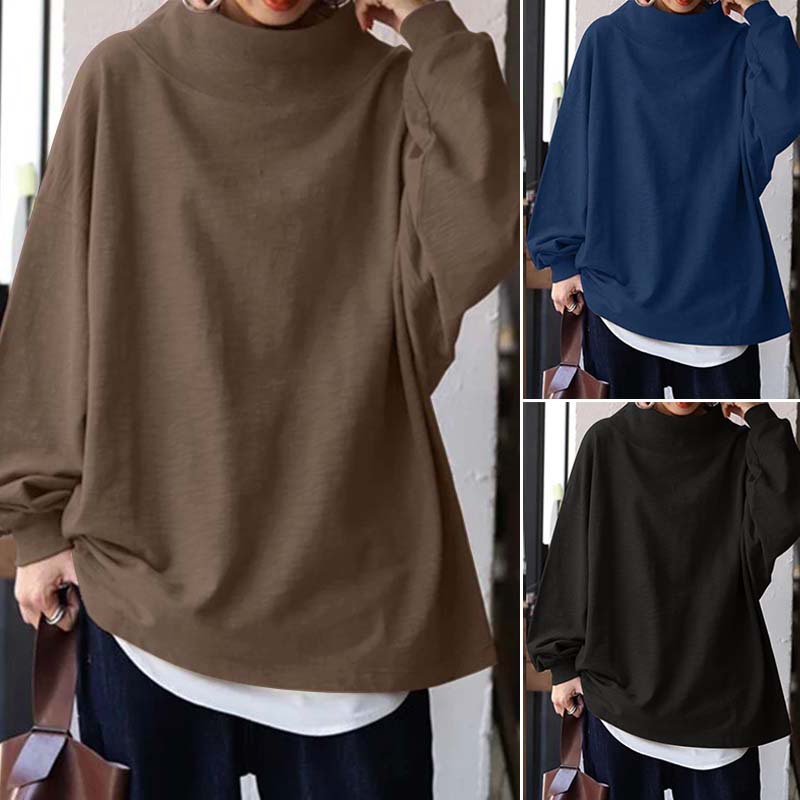 Women's Loose Cotton Blend Pullover Sweater in Khaki, Black, Blue