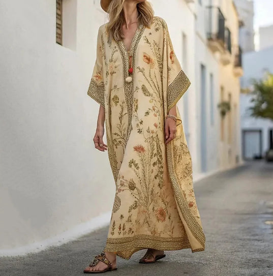 Linen Long Sleeve Arabian Kaftan Maxi Dress Vacation Style