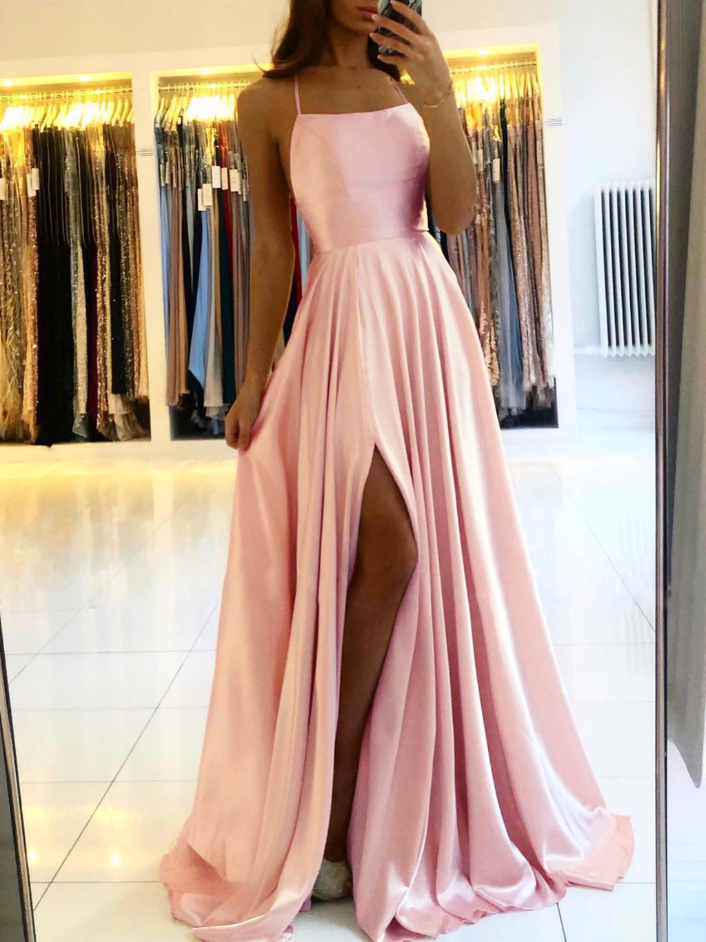 Long Slim Strap Backless Dress with High Slit for Dance and Hosting