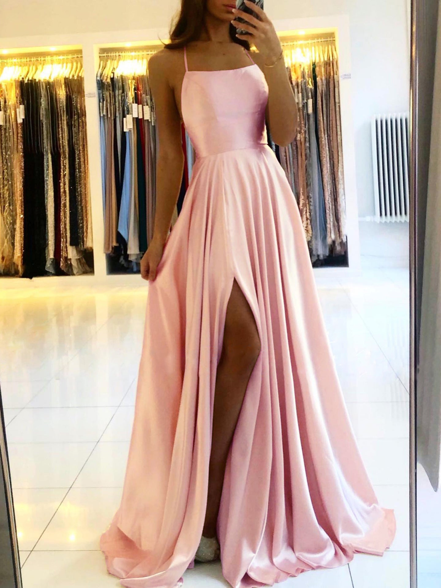 Long Slim Strap Backless Dress with High Slit for Dance and Hosting