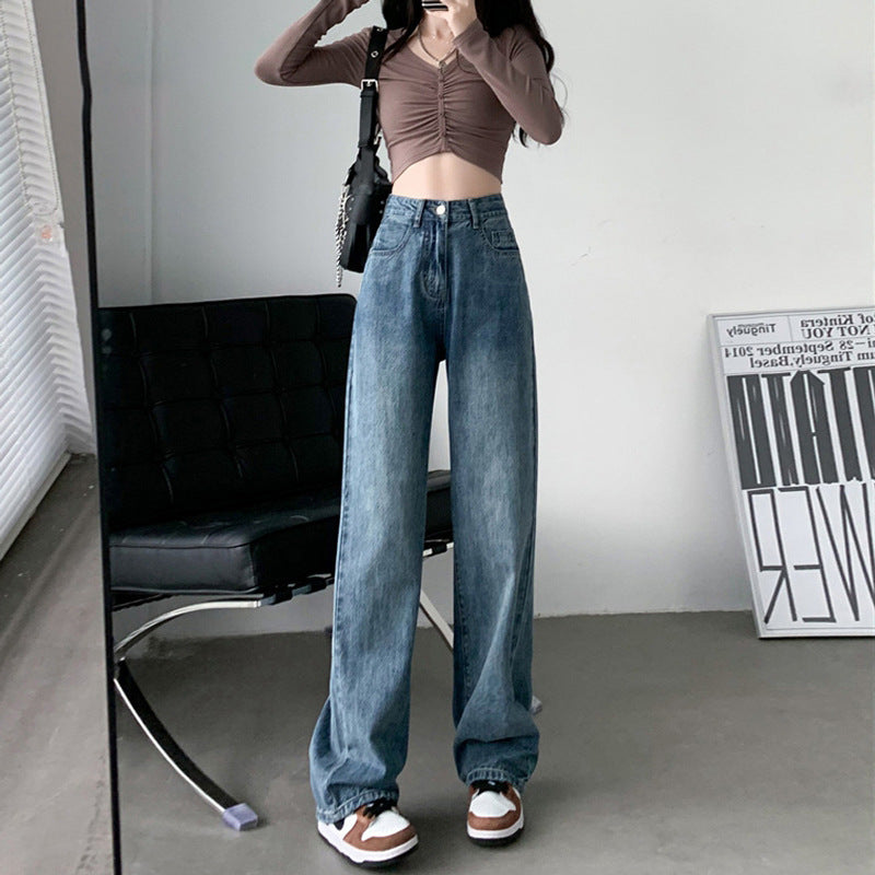 Draping Effect Wide Leg Jeans Women's High Waist Plus Size Mop Trousers