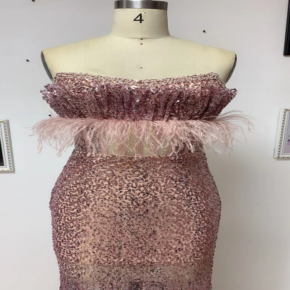 Robe bustier en polyester à sequins roses taille mi-haute pour femme