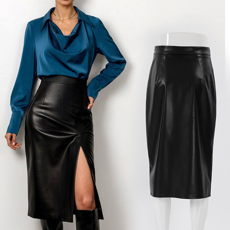 European & American High Waist Black PU Leather Split Skirt