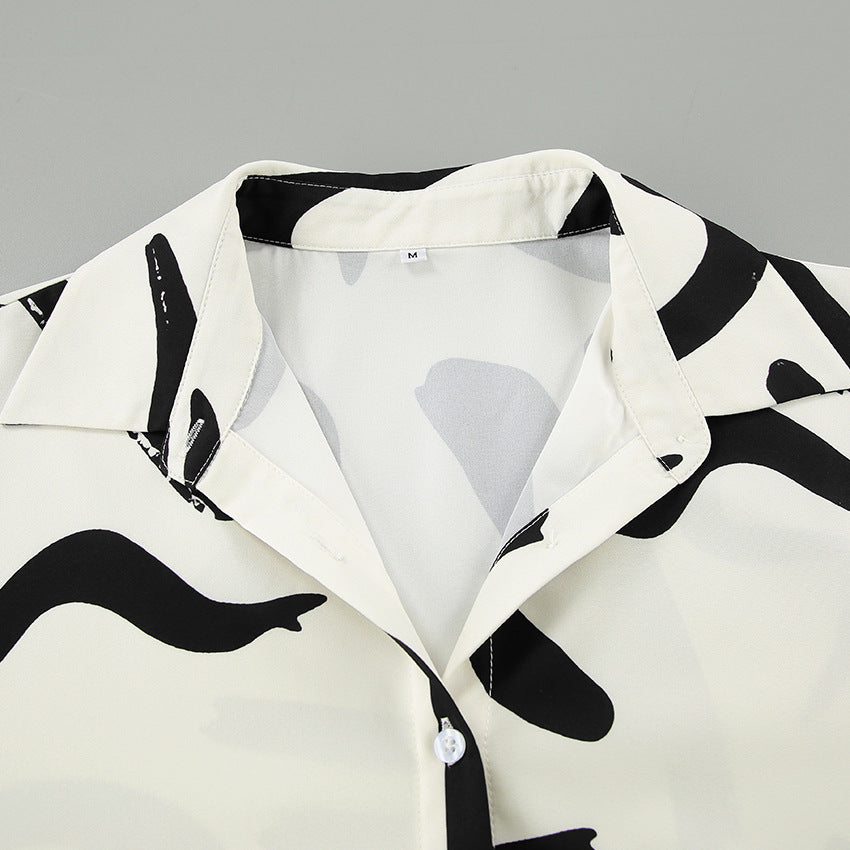Ensemble chemise imprimée noir et blanc à manches longues et pantalon taille haute à jambes larges