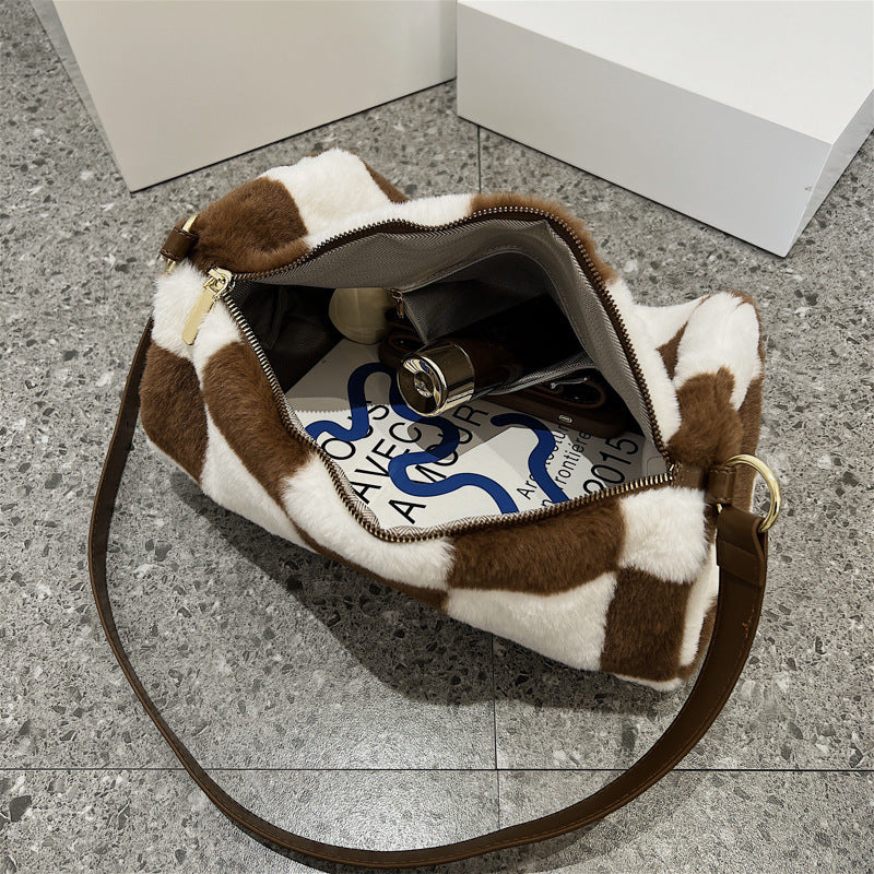 Ladies Winter New Plush Flower Check Bucket Bag