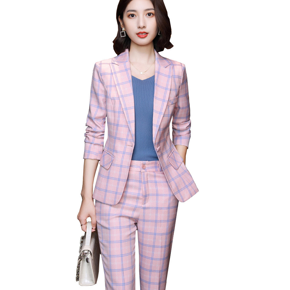 Professional Women's Long-Sleeve Plaid Business Pants Suit