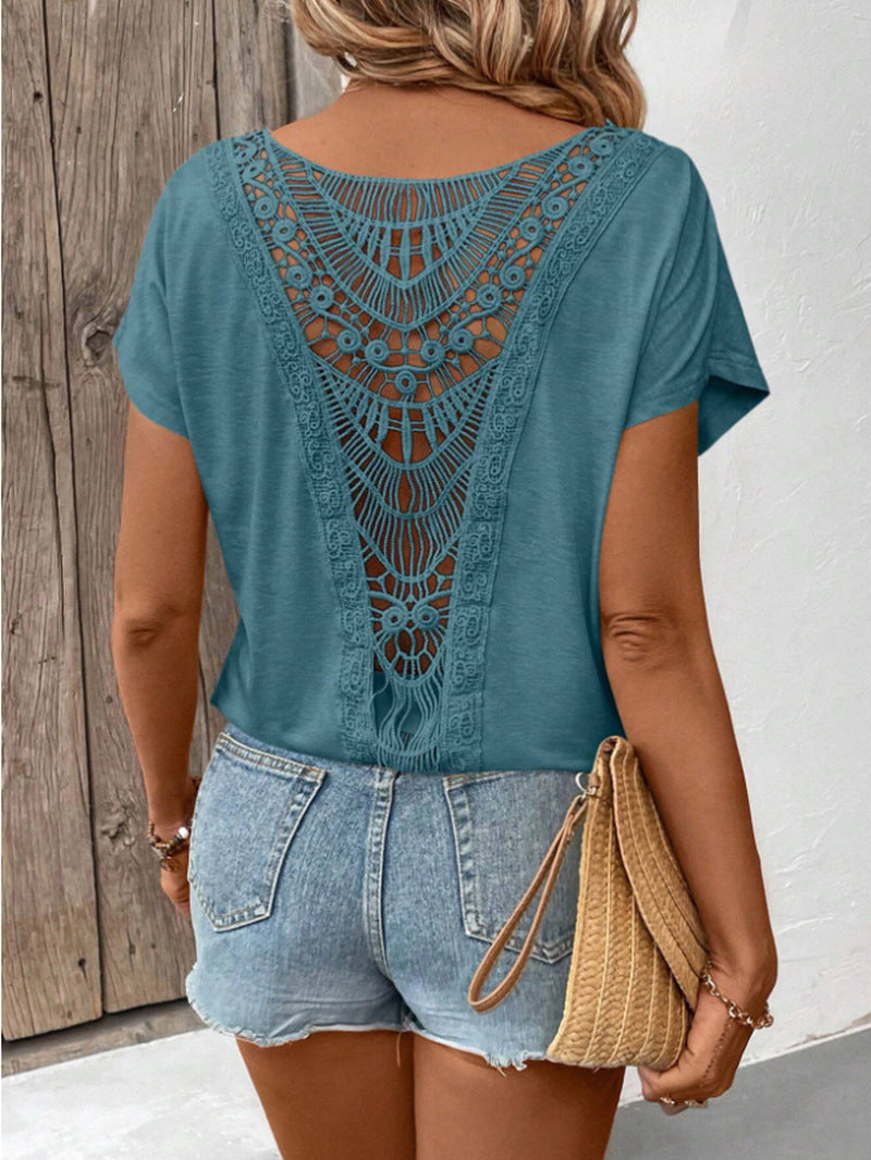 Lace Patchwork Short Sleeve T-Shirt for Women