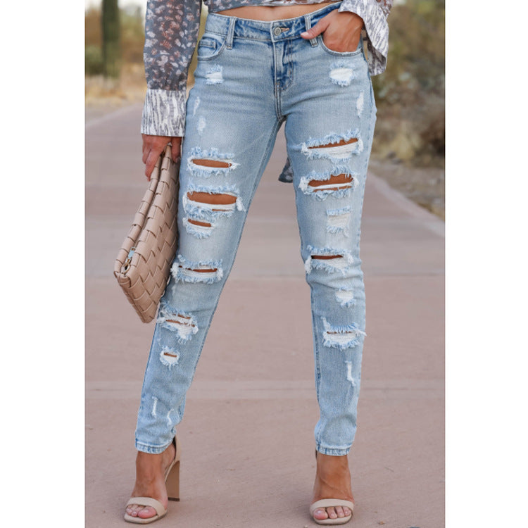 Women's Light Cotton Skinny Pants with Holes Mid Waist