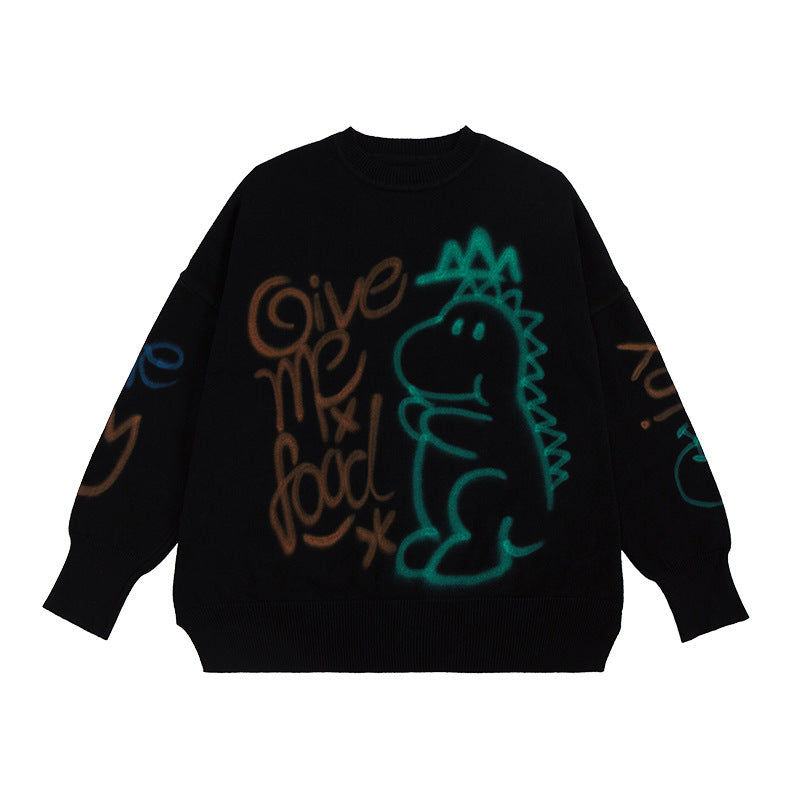 Men's Graffiti Print Loose Knit Sweater in Black & Apricot