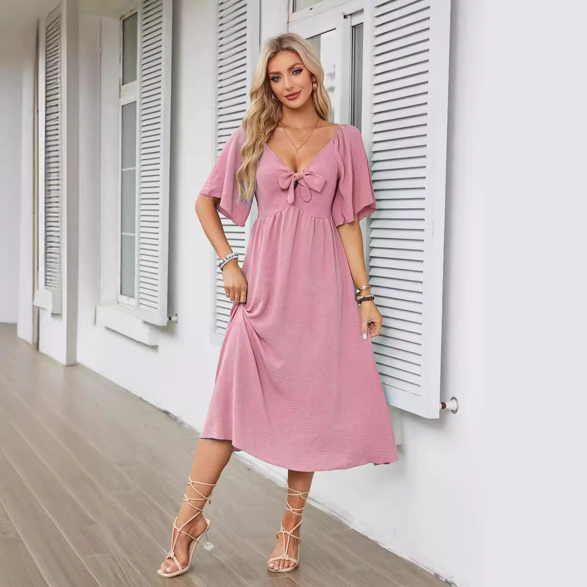 Women's Spring Summer Bow V-Neck Pleated Mid-Length Short Sleeve Dress
