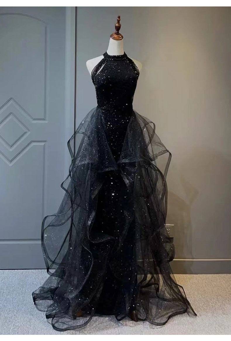 Black Sleeveless High Waist Evening Dress for Women, XS-XXL