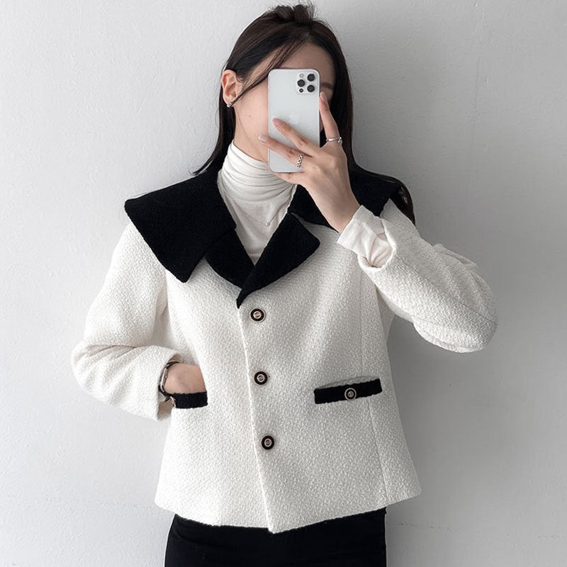 Navy Collar Short Long Sleeve Tweed Coat Top In Contrasting Colors