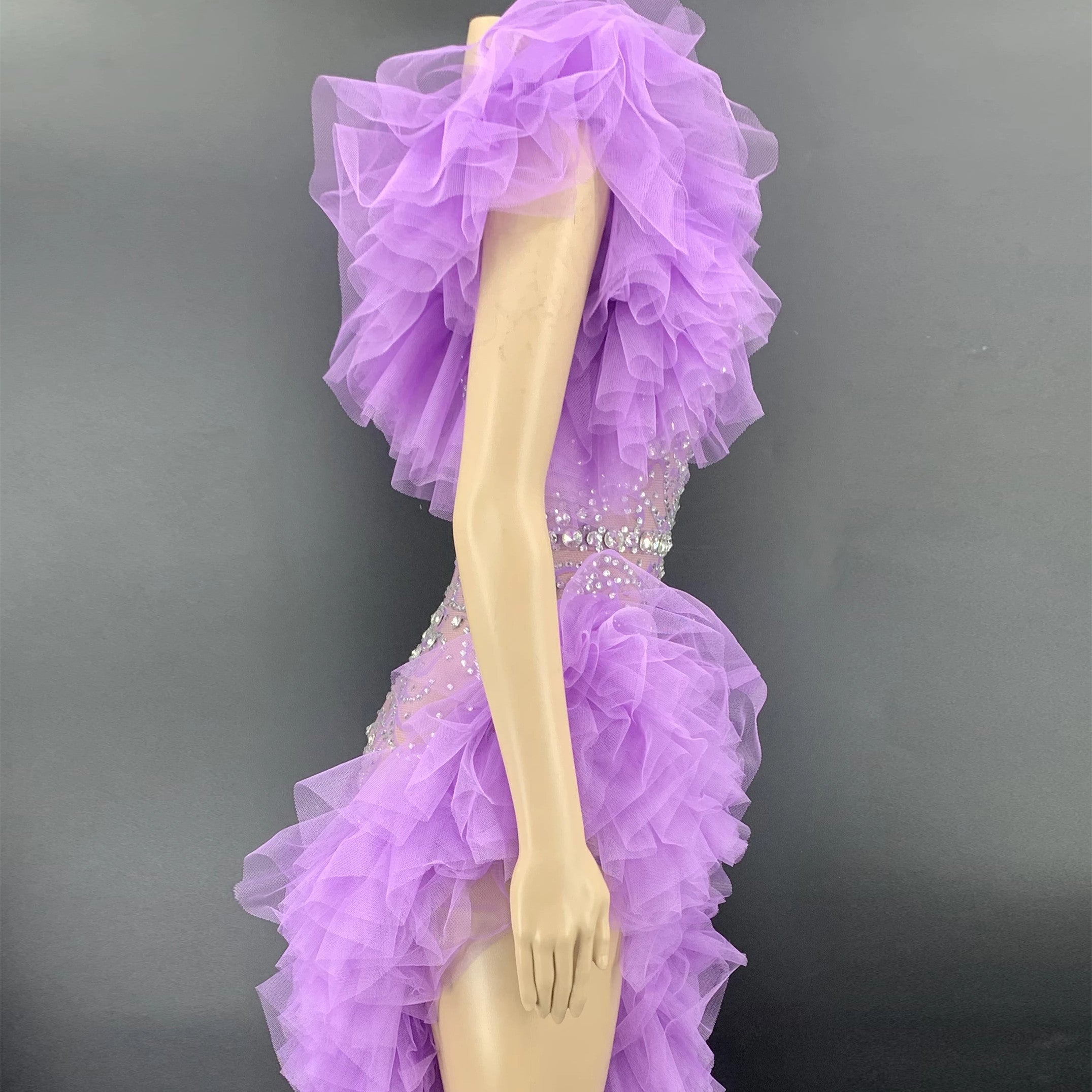 Women's Purple Diamond Slit Single Sleeve Pleated Tulle Dress