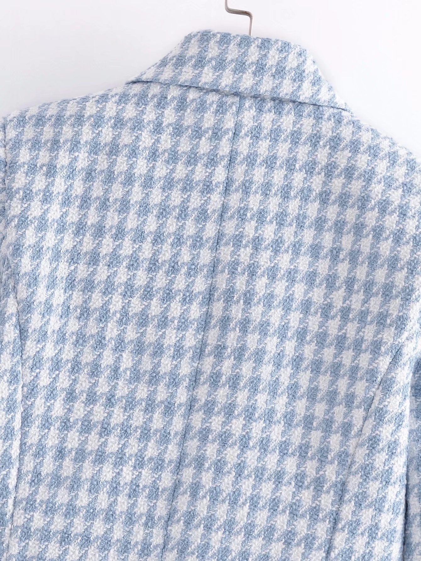 Women’s Slim Short Suit Coat in Light Blue Checker with Thousand Bird Pattern