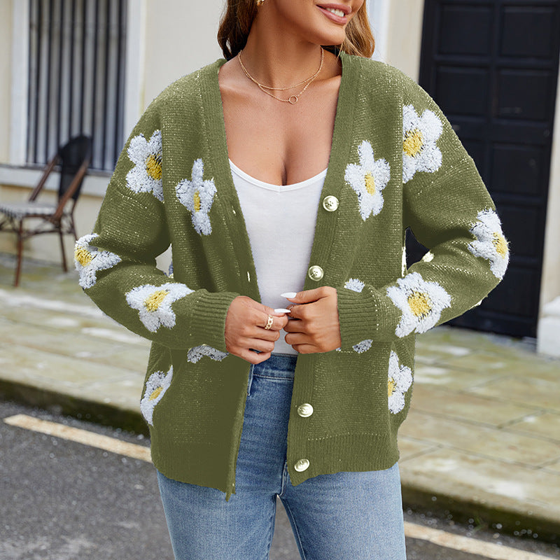 European And American Women's Clothing Three-dimensional Flower V-neck Knitted Cardigan Sweater Coat