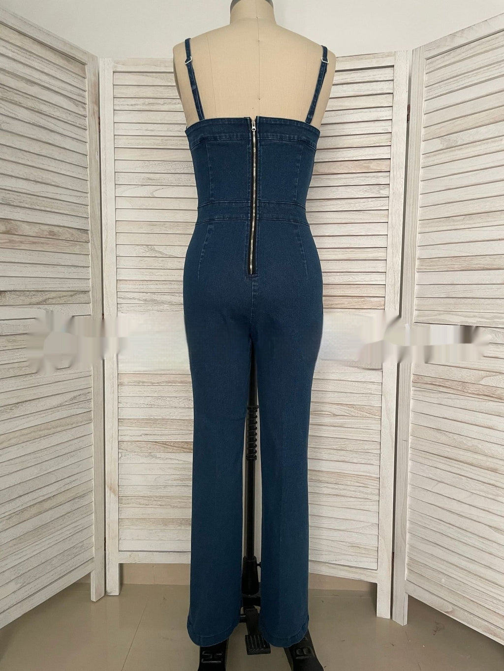 Women Sleeveless Denim Jumpsuit V Neck Wide Leg High Waist Back Zipper Slim Fit Jeans Overalls
