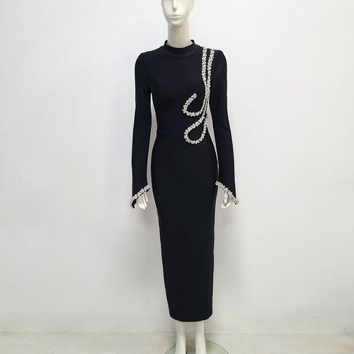 Black Bandage Rhinestone Hip-Wrapped One-Piece Dress for Party & Stage