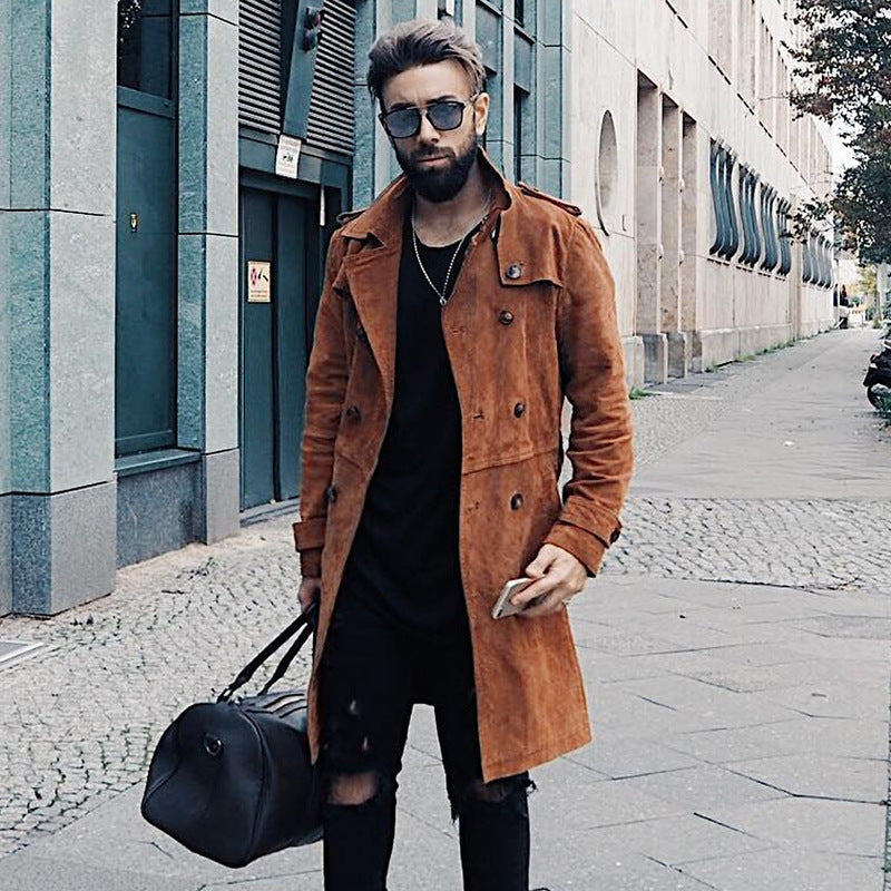 Manteau mi-long en daim marron American Retro pour homme