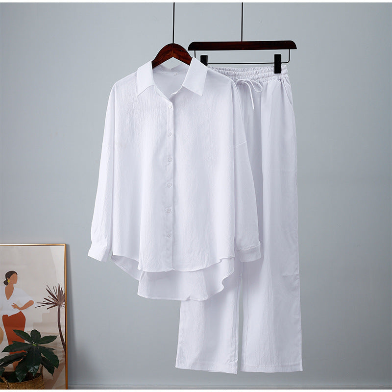 Loose Elastic Wrinkle Long-Sleeve Shirt & Wide-Leg Pants Casual Suit