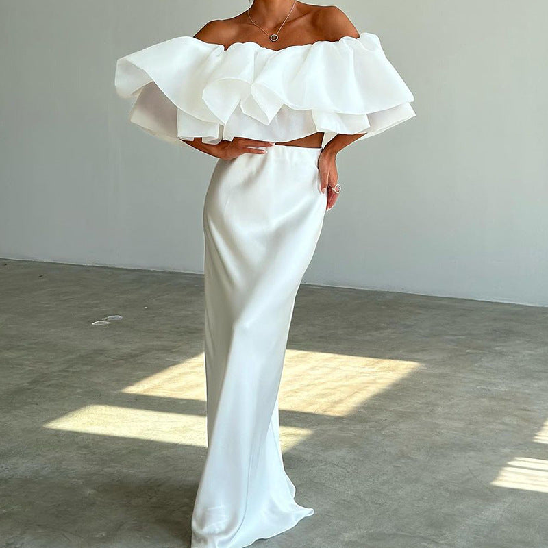 Elegant Off-Shoulder Ruffle Sleeve Top and Long Skirt Suit for Women