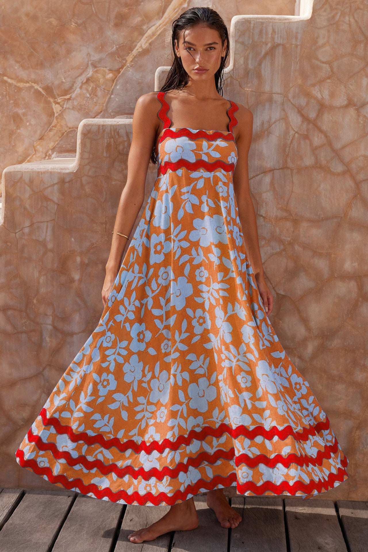 Women’s Flowers Print Wavy Pattern Suspender A-Line Beach Dress