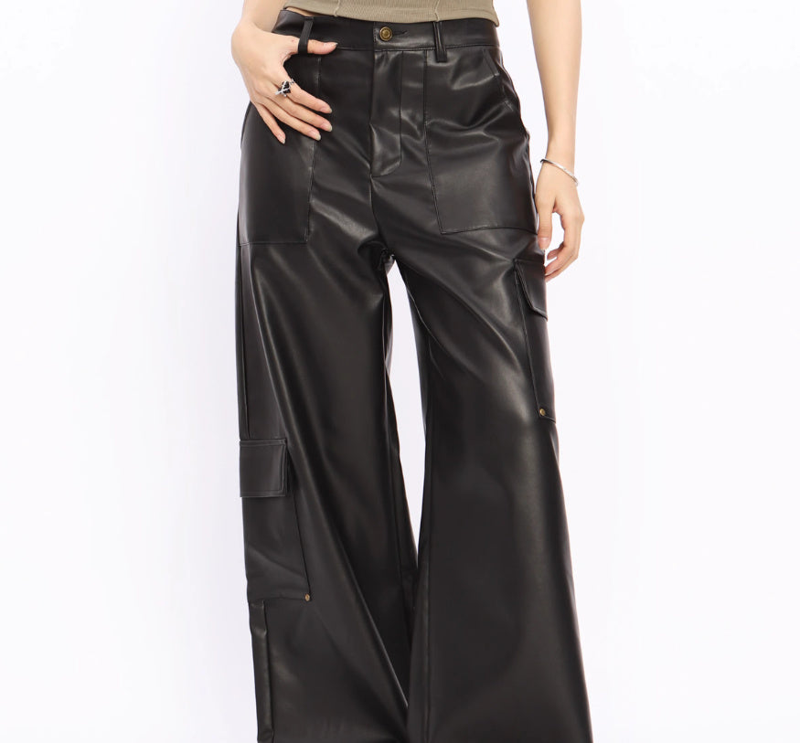 American Retro Mechanical Style Black Leather Pants