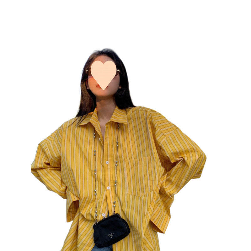 Yellow French Style Design Mid-length Striped Shirt
