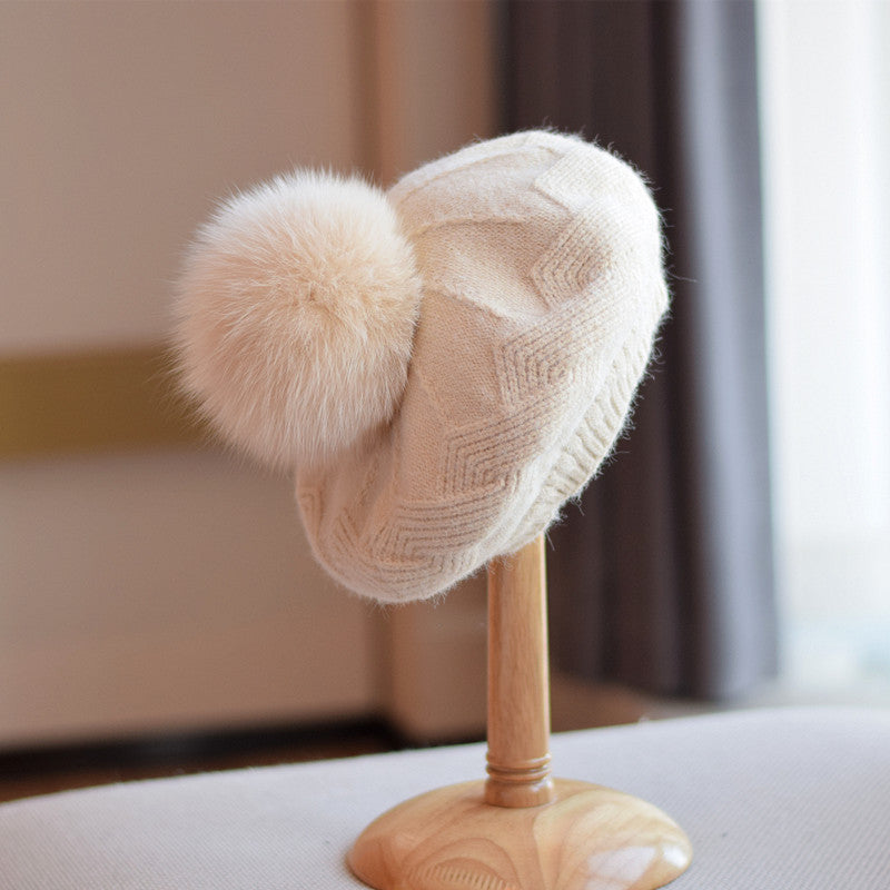 Bonnet en laine tricotée pour femme avec pompon en fourrure de renard, automne-hiver, taille M (56-58 cm)