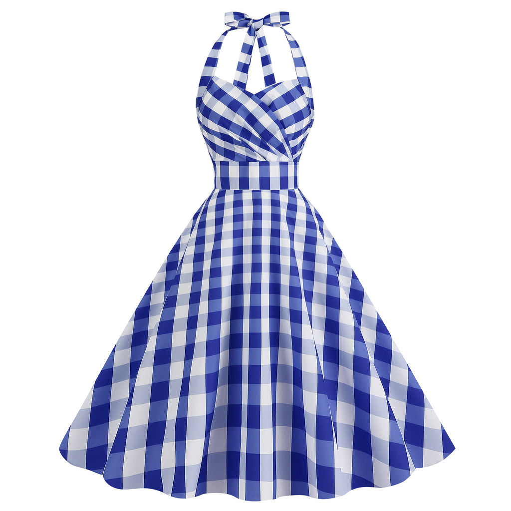 Robe Swing Imprimée Rétro Sexy Moulante à Col Halter et Poitrine Enveloppante