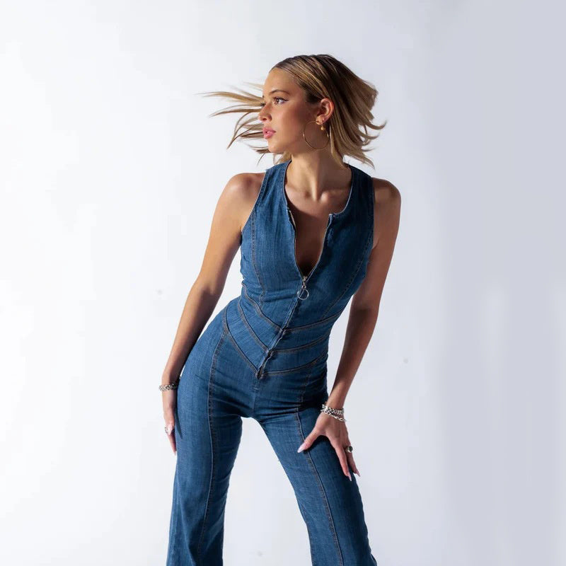 Combinaison en jean sans dos à fines bretelles en cœur, style rétro, avec fermeture éclair et taille haute pour femmes