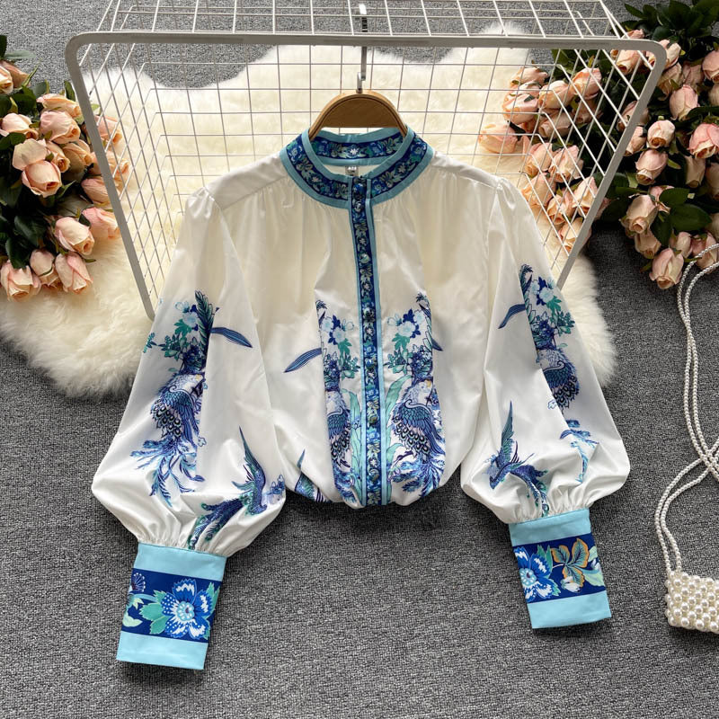 Printed Lantern Sleeve Slim Fit Small Stand-Up Collar Ladies Shirt