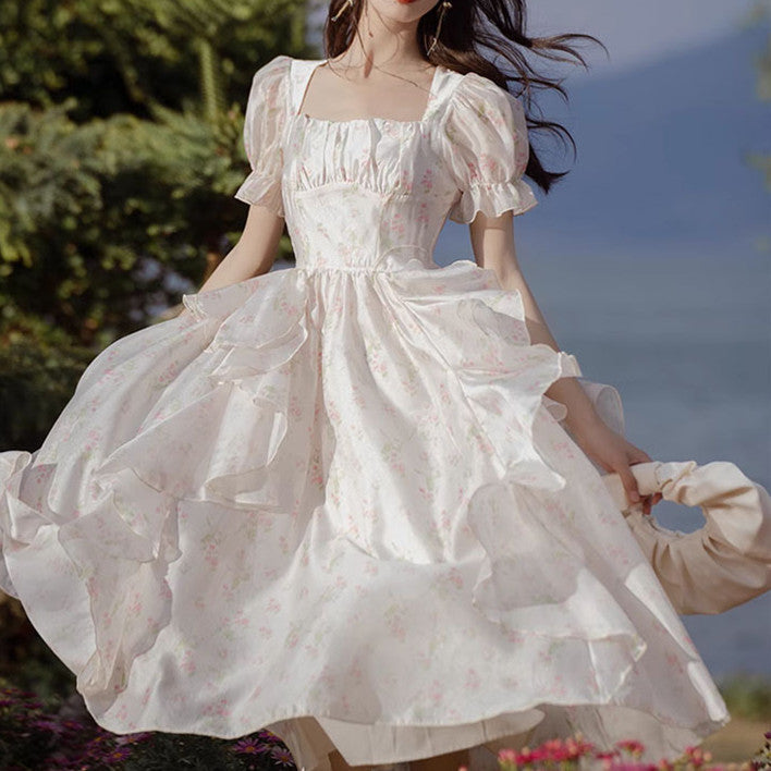 French Style Retro Floral Chiffon Princess Dress