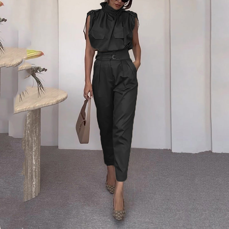 Shoulder and Waist Slimming Blouse with Belt and Pants Set