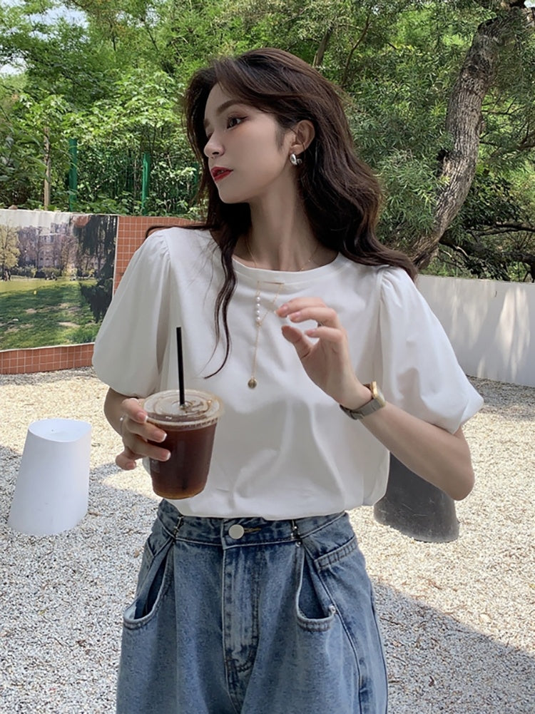 T-shirt blanc à manches courtes et manches bouffantes, haut chic d'été, taille unique pour femme