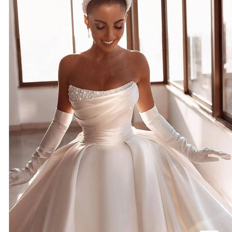 Ivory White Satin Strapless Bridal Dress for Women