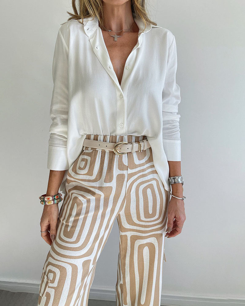 Ensemble chemise décontractée à manches longues et revers pour femme et pantalon ample imprimé