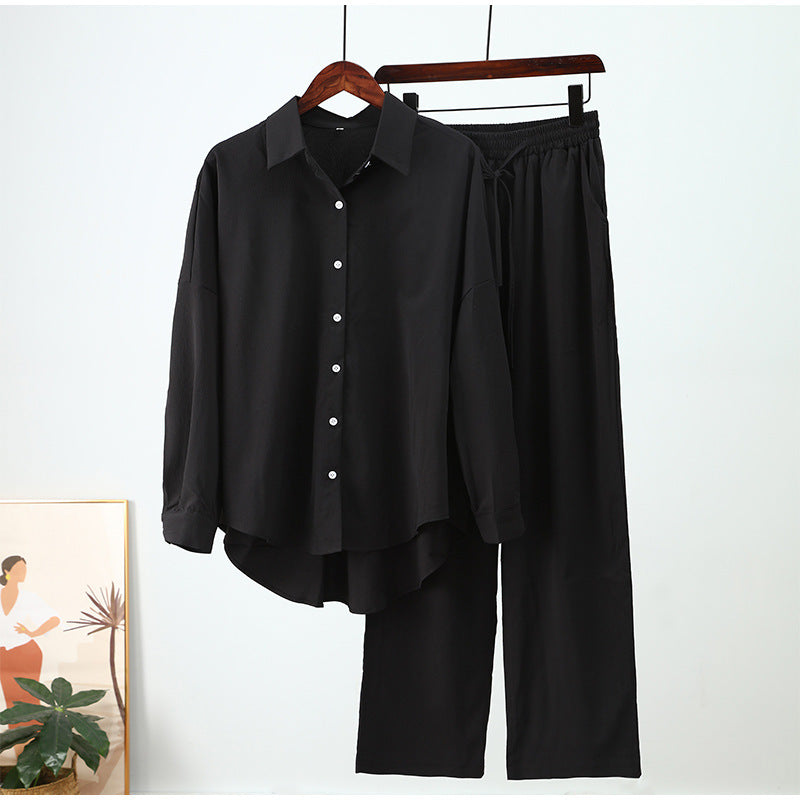 Loose Elastic Wrinkle Long-Sleeve Shirt & Wide-Leg Pants Casual Suit