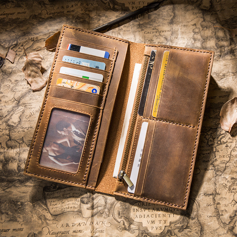 Men's Handmade Cow Leather DIY Long Wallet Solid Color