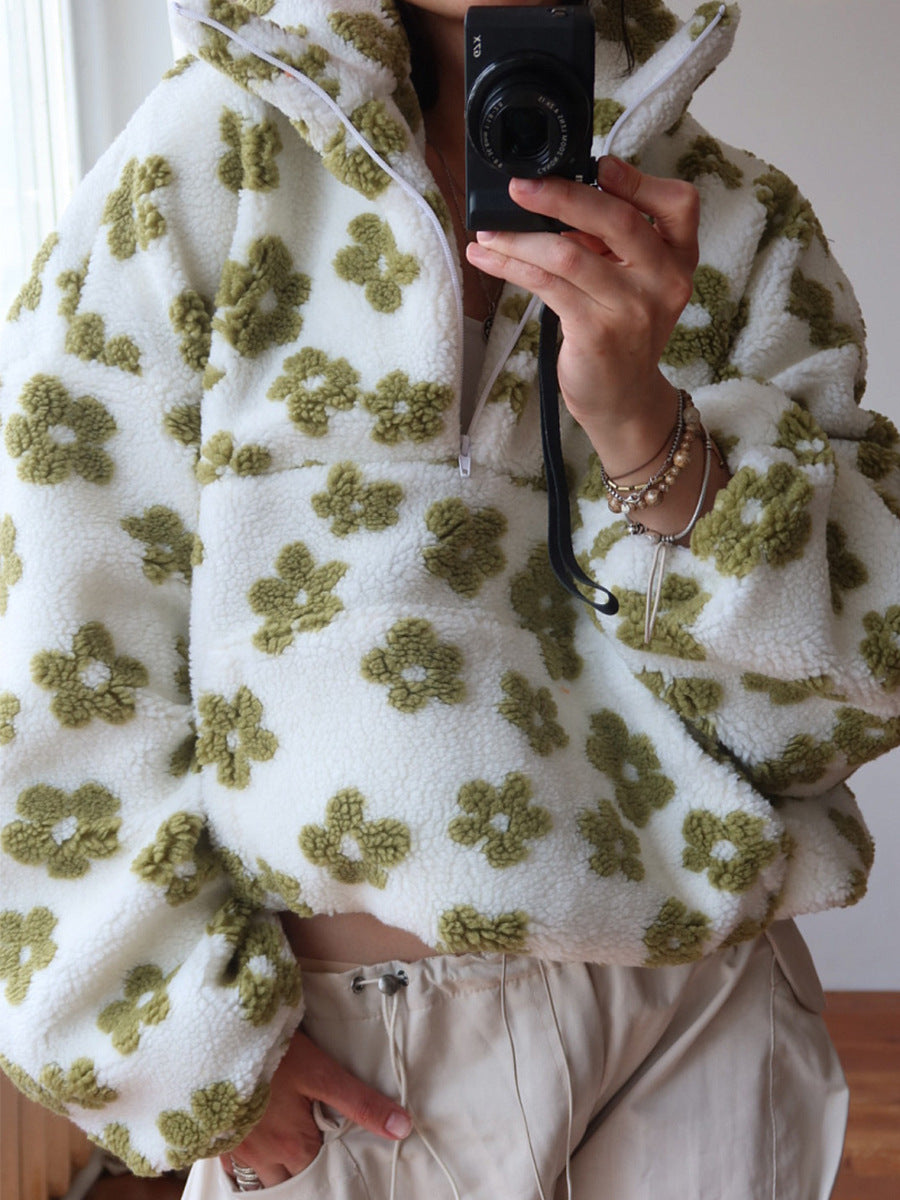 Sweat-shirt pull en agneau avec fermeture éclair et grande poche motif fleurs d'hiver