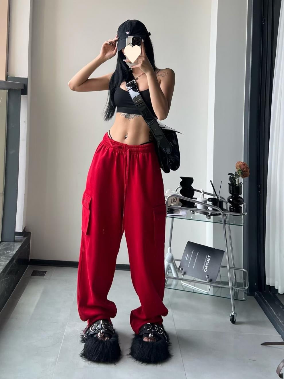 Women's Red High Waist Wide-Leg Pants with Pockets S-2XL