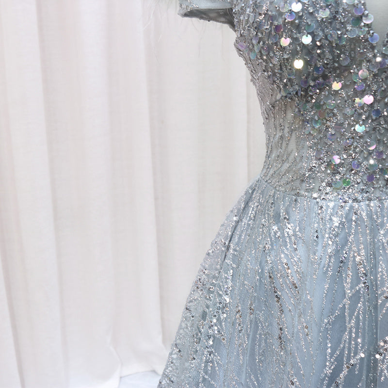 Robe de soirée asymétrique une épaule argentée pour femme avec perles fantaisie