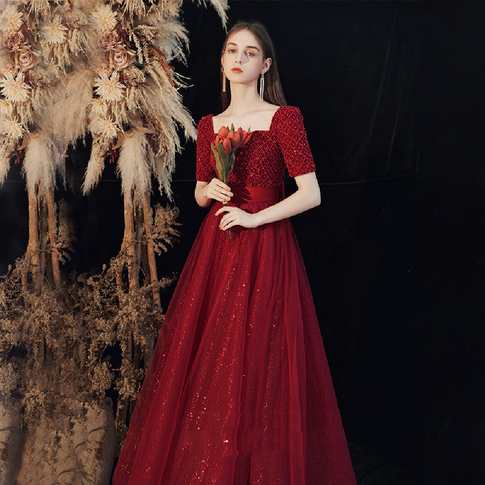 Women's Fashion Wedding Dress Bandage Pearl Detail Wine Red XS-XXL