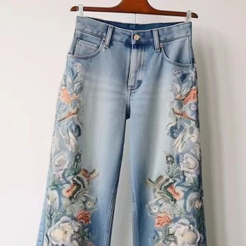 Jean droit en jean bleu taille haute pour femme