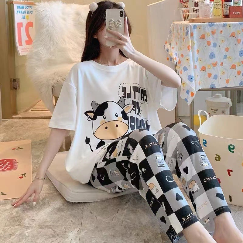 Ensemble de pyjama d'été pour femme à manches courtes et motif dessin animé avec pantalon, Tailles M-XXL