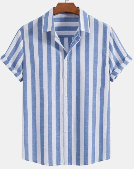 Men's Casual Short-Sleeve Striped Printed Shirt