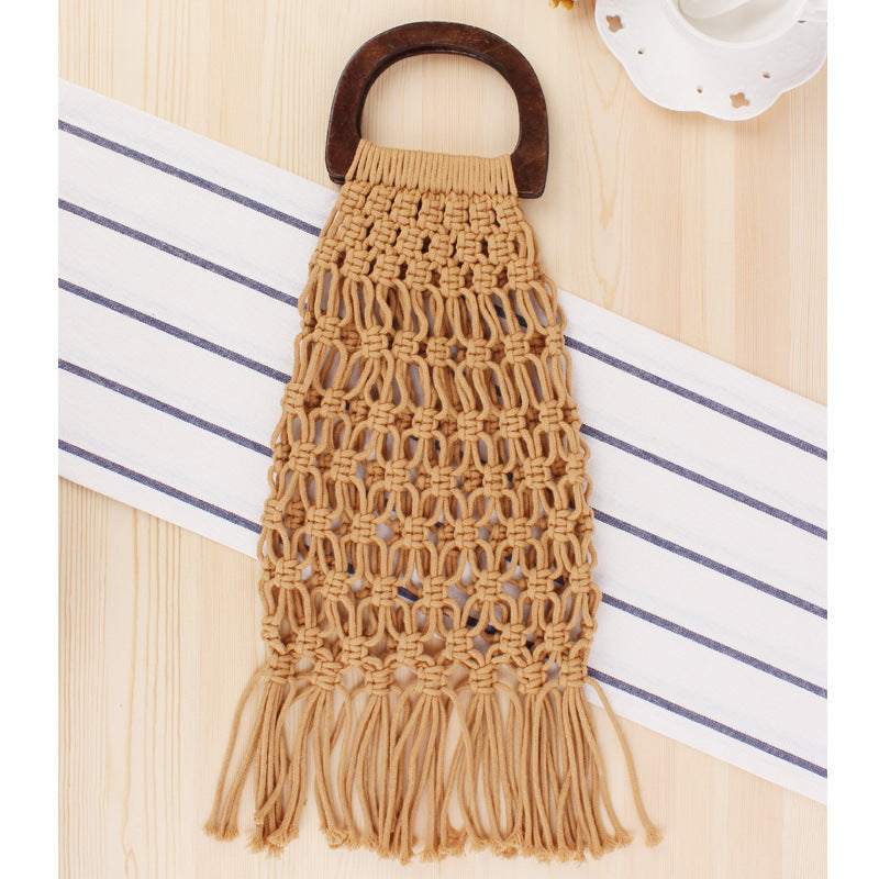 New Wooden Handle Portable Net Bag Straw Woven Bag Cotton Rope Hand-woven Bag
