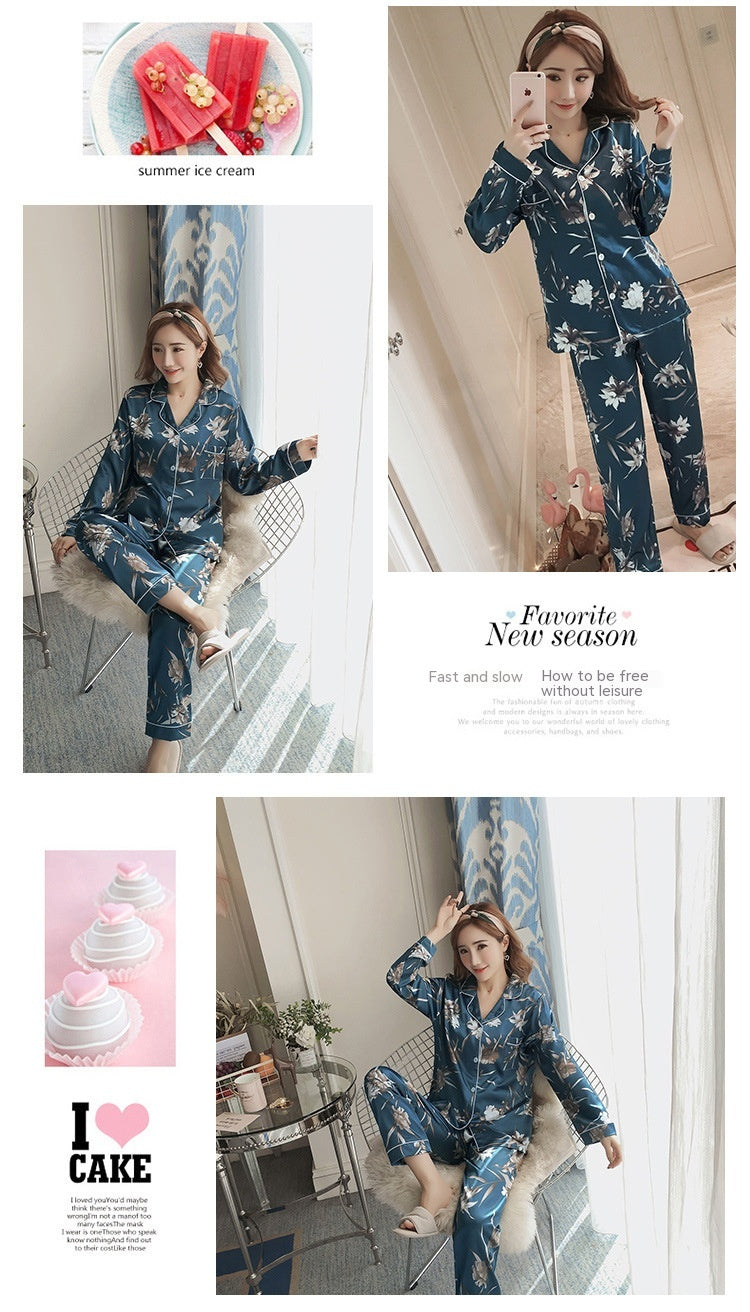 Women's Spring & Autumn Ice Silk Pajama Set Loose Homewear Trousers